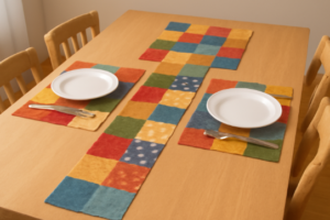 fabric scrap project, DIY table runner, textile waste upcycling, eco-friendly home decor