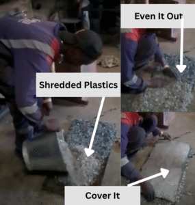 putting shredded plastics on metal sheet
